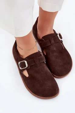 Zazoo Półbuty Skórzane|Barefoot*Zamszowe Półbuty Barefoot Damskie Z Klamrą N1261 Czekoladowe Brązowy