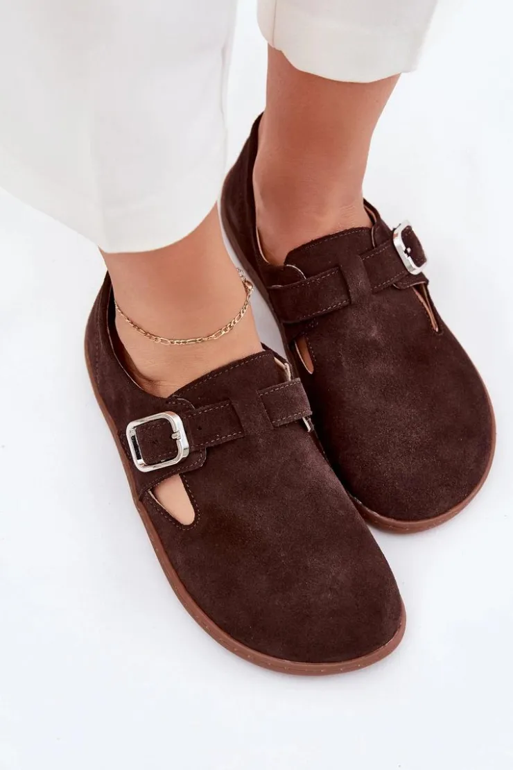 Zazoo Półbuty Skórzane|Barefoot*Zamszowe Półbuty Barefoot Damskie Z Klamrą N1261 Czekoladowe Brązowy