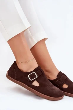 Zazoo Półbuty Skórzane|Barefoot*Zamszowe Półbuty Barefoot Damskie Z Klamrą N1261 Czekoladowe Brązowy