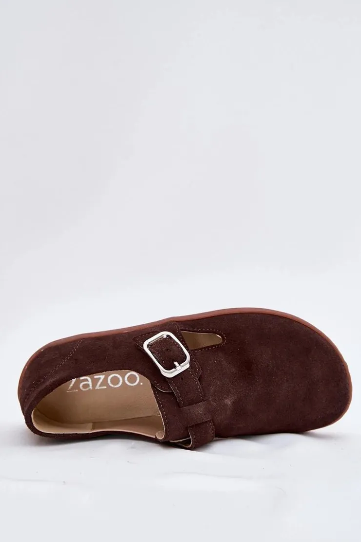 Zazoo Półbuty Skórzane|Barefoot*Zamszowe Półbuty Barefoot Damskie Z Klamrą N1261 Czekoladowe Brązowy