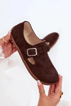 Zazoo Półbuty Skórzane|Barefoot*Zamszowe Półbuty Barefoot Damskie Z Klamrą N1261 Czekoladowe Brązowy