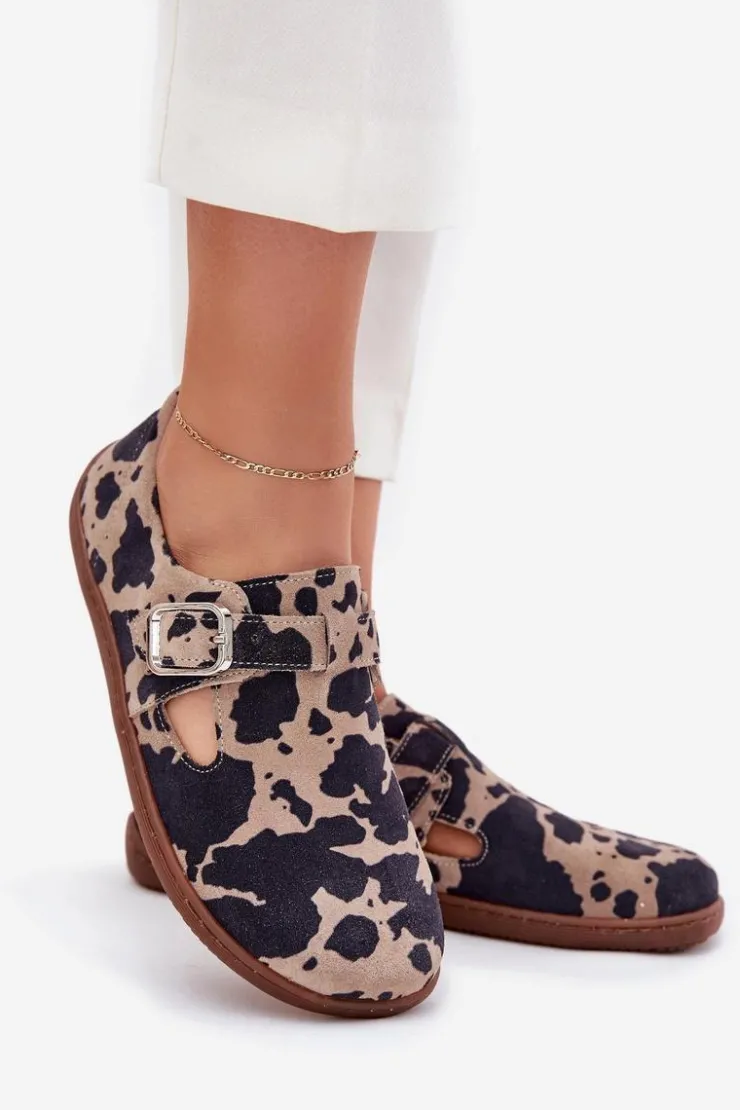 Zazoo Zamszowe Półbuty Barefoot Damskie Z Klamrą Łaty N1261 Brązowo-Beżowe Brązowy