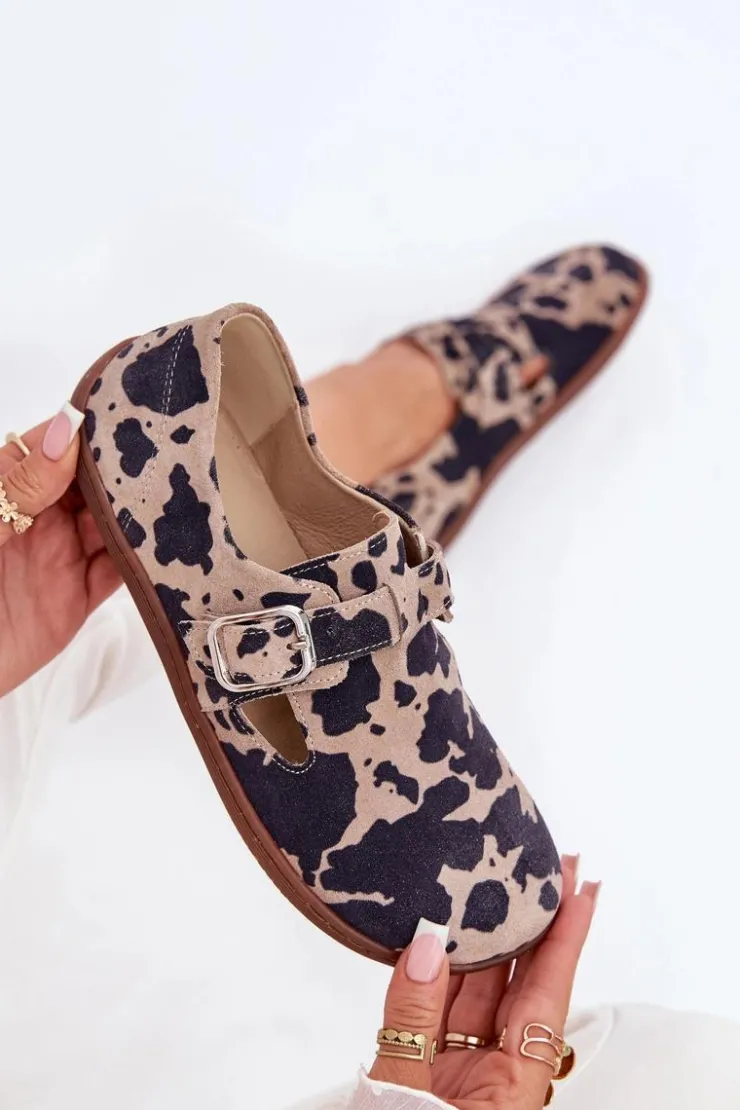 Zazoo Zamszowe Półbuty Barefoot Damskie Z Klamrą Łaty N1261 Brązowo-Beżowe Brązowy