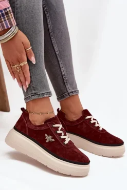 Discount Buty damskie Vinceza Zamszowe Półbuty Damskie Na Platformie Z Przypinką Vinceza 41495 Bordowe Czerwony