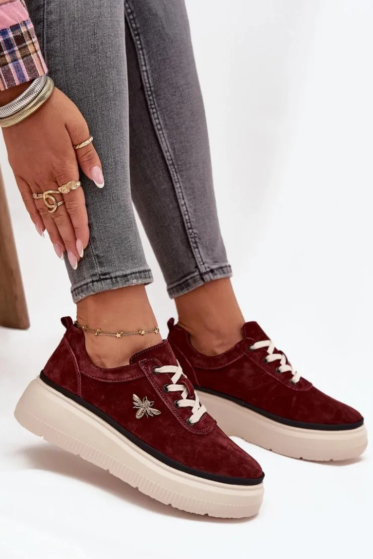 Discount Buty damskie Vinceza Zamszowe Półbuty Damskie Na Platformie Z Przypinką Vinceza 41495 Bordowe Czerwony