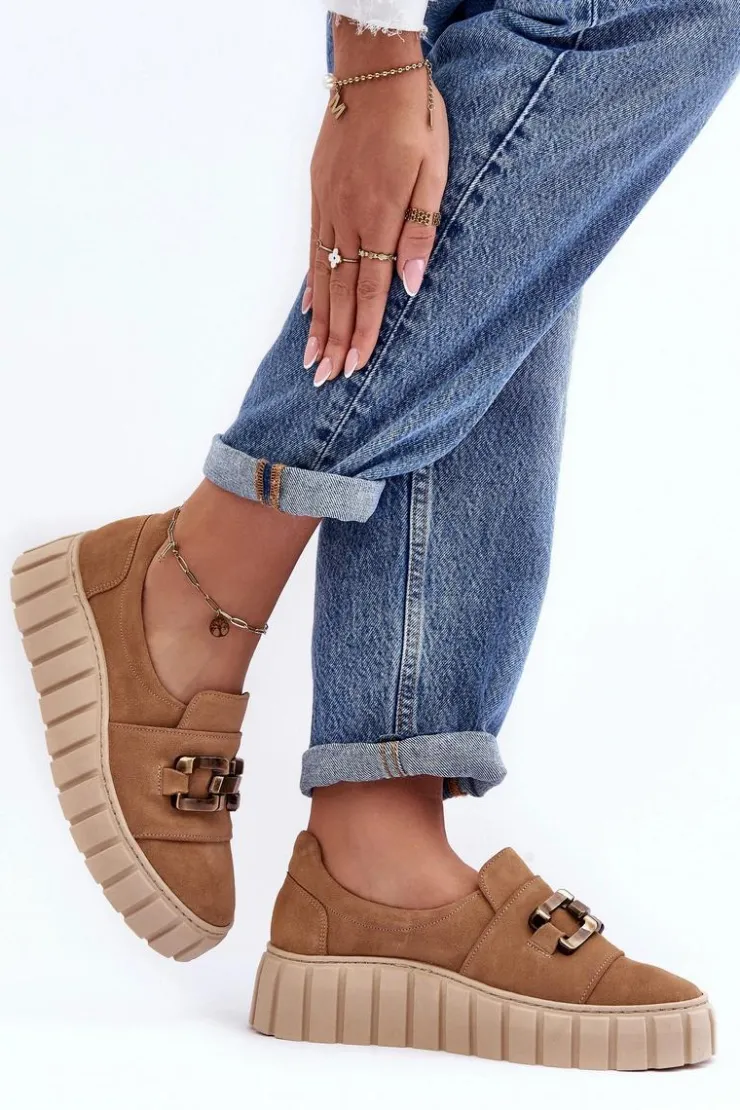 Boto Półbuty Skórzane*Zamszowe Półbuty Damskie Na Platformie Z Ozdobą Ciemnobeżowe Lewski 3398 Beżowy