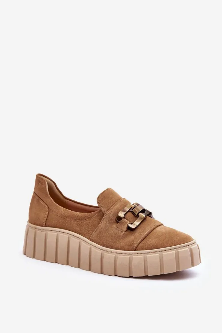 Boto Półbuty Skórzane*Zamszowe Półbuty Damskie Na Platformie Z Ozdobą Ciemnobeżowe Lewski 3398 Beżowy