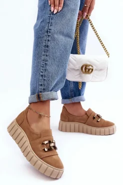 Boto Półbuty Skórzane*Zamszowe Półbuty Damskie Na Platformie Z Ozdobą Ciemnobeżowe Lewski 3398 Beżowy