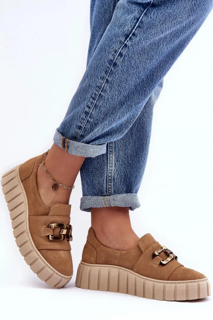 Boto Półbuty Skórzane*Zamszowe Półbuty Damskie Na Platformie Z Ozdobą Ciemnobeżowe Lewski 3398 Beżowy