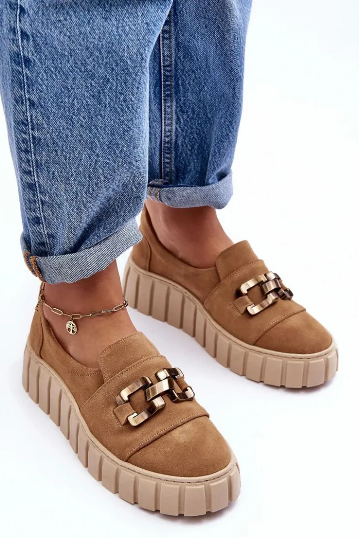 Boto Półbuty Skórzane*Zamszowe Półbuty Damskie Na Platformie Z Ozdobą Ciemnobeżowe Lewski 3398 Beżowy