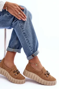 Boto Półbuty Skórzane*Zamszowe Półbuty Damskie Na Platformie Z Ozdobą Ciemnobeżowe Lewski 3398 Beżowy