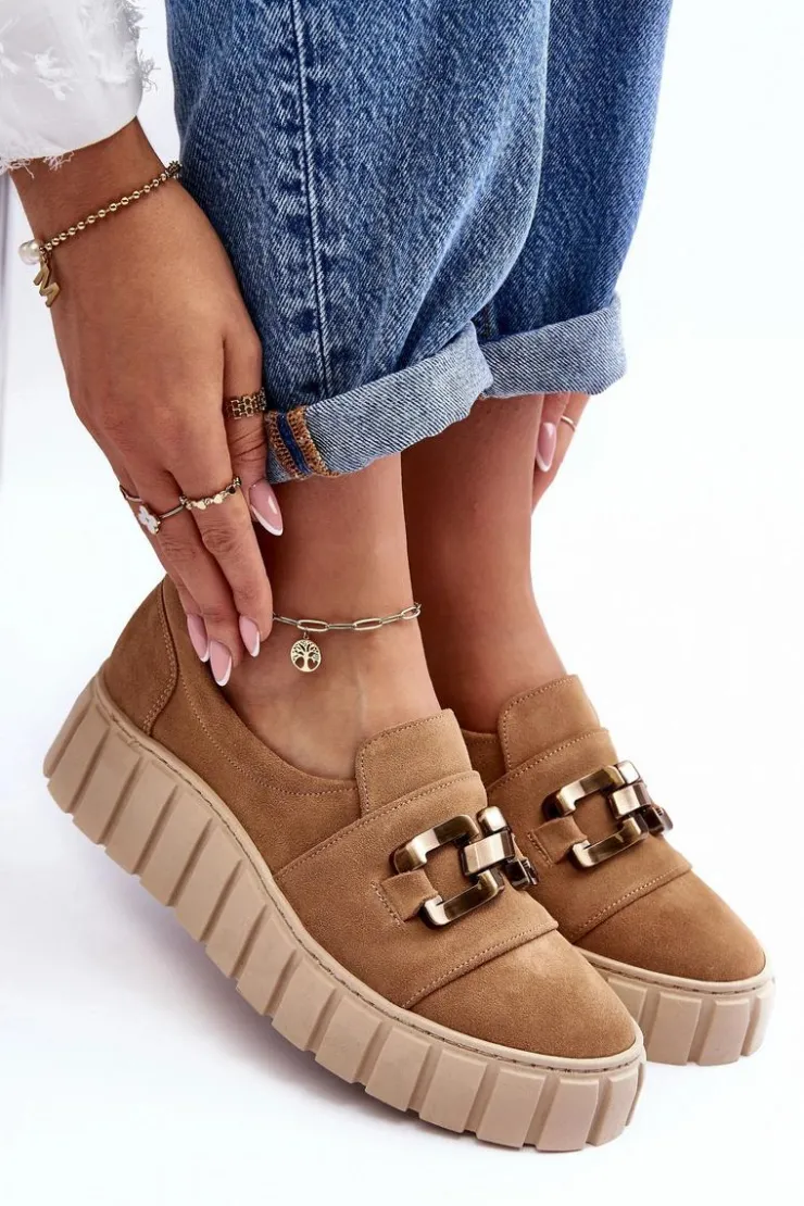 Boto Półbuty Skórzane*Zamszowe Półbuty Damskie Na Platformie Z Ozdobą Ciemnobeżowe Lewski 3398 Beżowy