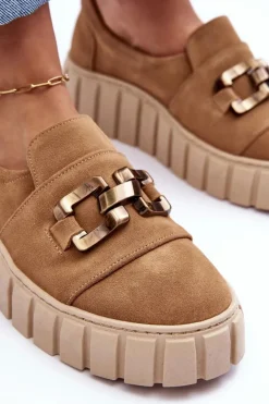 Boto Półbuty Skórzane*Zamszowe Półbuty Damskie Na Platformie Z Ozdobą Ciemnobeżowe Lewski 3398 Beżowy