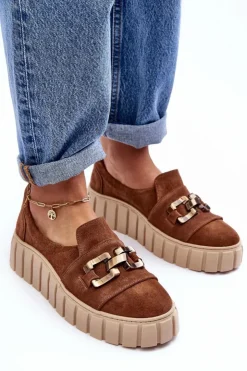 Boto Zamszowe Półbuty Damskie Na Platformie Z Ozdobą Brązowe Lewski 3398