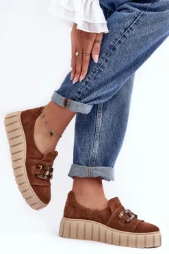 Boto Zamszowe Półbuty Damskie Na Platformie Z Ozdobą Brązowe Lewski 3398