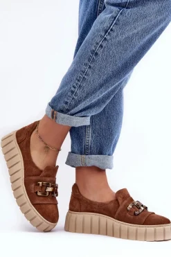 Boto Zamszowe Półbuty Damskie Na Platformie Z Ozdobą Brązowe Lewski 3398