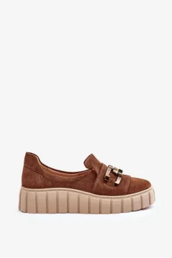 Boto Zamszowe Półbuty Damskie Na Platformie Z Ozdobą Brązowe Lewski 3398