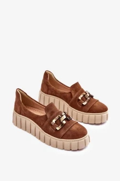 Boto Zamszowe Półbuty Damskie Na Platformie Z Ozdobą Brązowe Lewski 3398