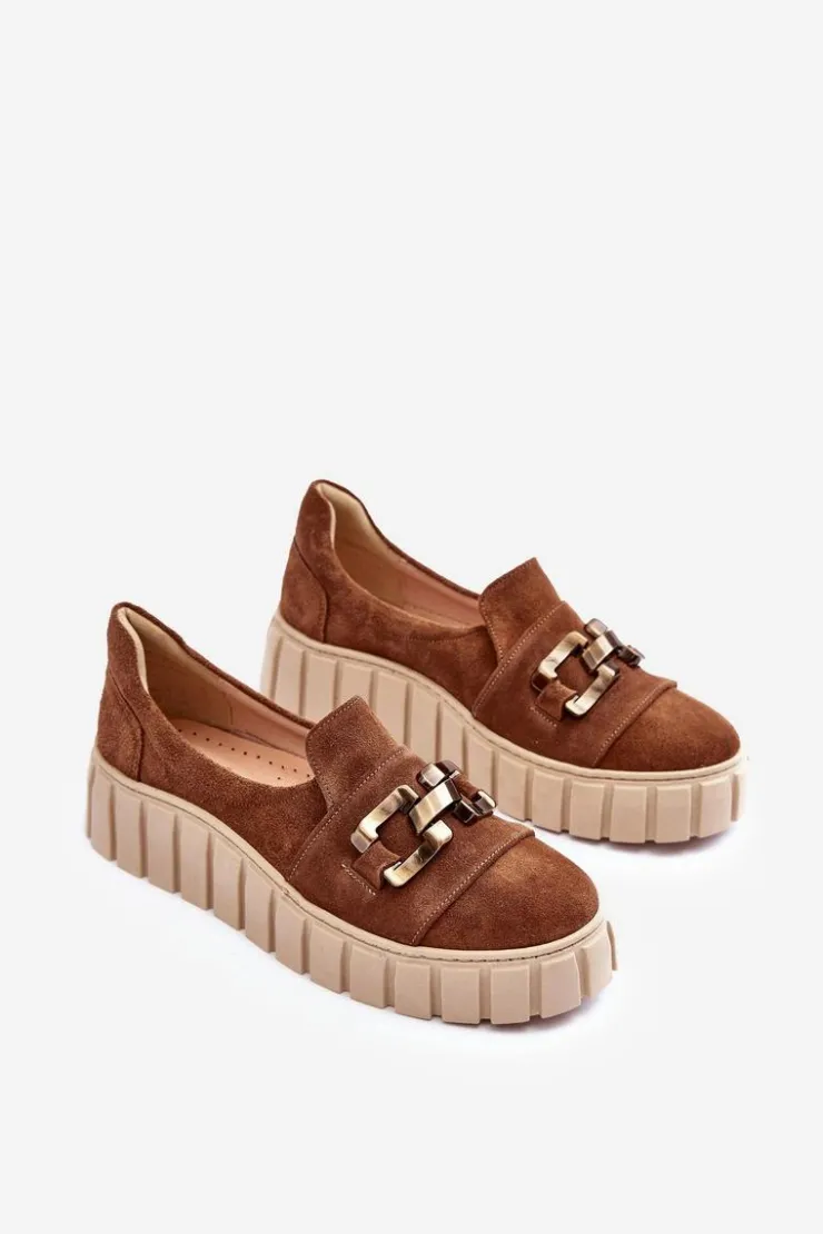 Boto Zamszowe Półbuty Damskie Na Platformie Z Ozdobą Brązowe Lewski 3398