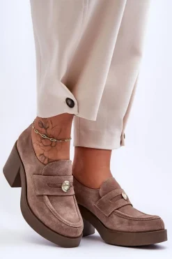 New Boto Zamszowe Półbuty Damskie Na Słupku Beżowe Lemar Dunadia Beżowy