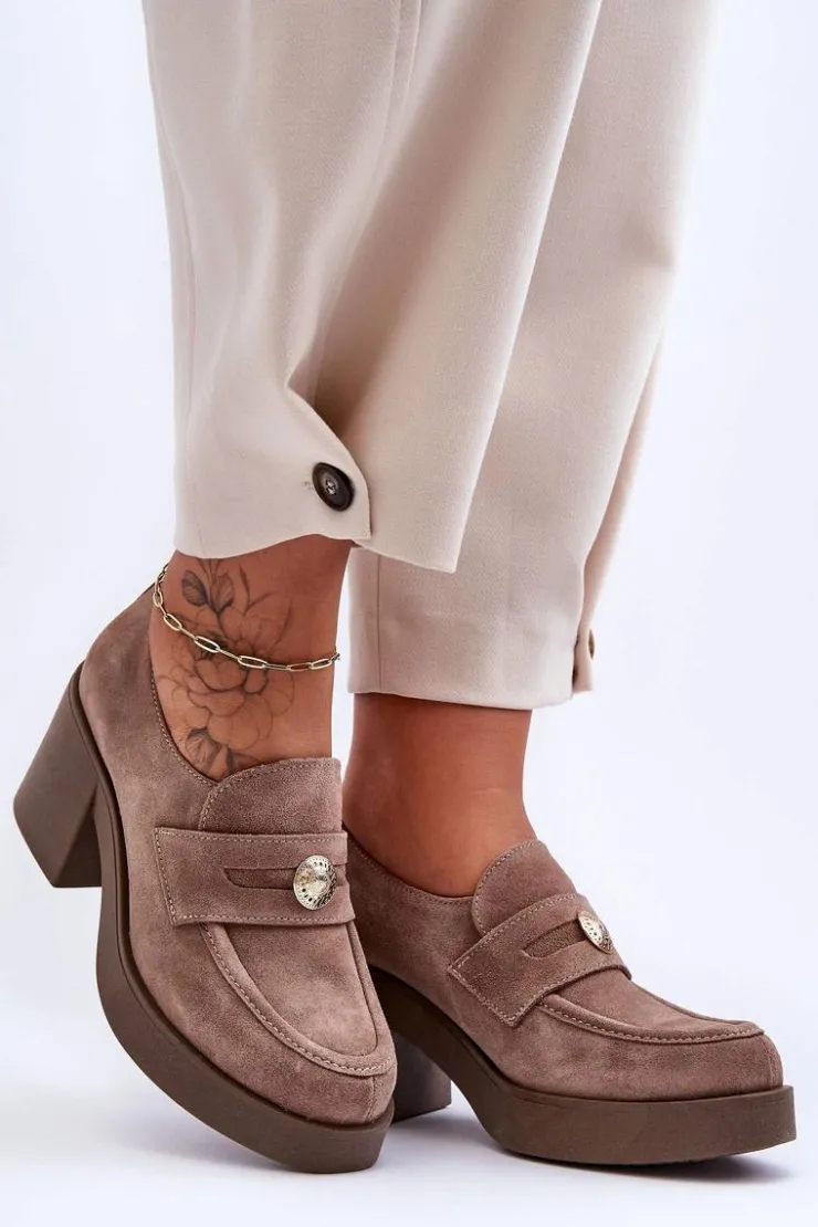 New Boto Zamszowe Półbuty Damskie Na Słupku Beżowe Lemar Dunadia Beżowy