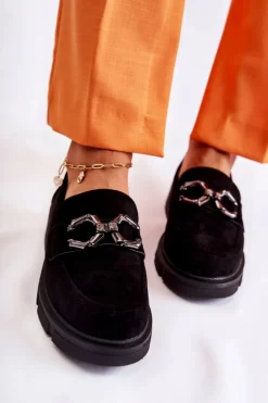 Damskie Boto Zamszowe Półbuty Loafery Z Ozdobą Czarne Janissa