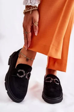 Damskie Boto Zamszowe Półbuty Loafery Z Ozdobą Czarne Janissa