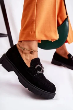 Damskie Boto Zamszowe Półbuty Loafery Z Ozdobą Czarne Janissa