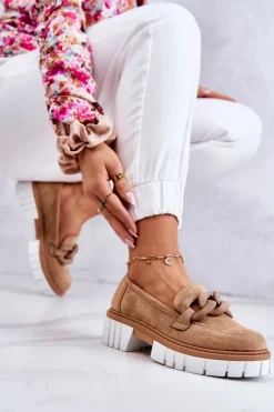 Boto Mokasyny Damskie Zamszowe*Zamszowe Półbuty Loafery Z Ozdobą Ciemnobeżowe Talisa