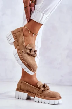 Boto Mokasyny Damskie Zamszowe*Zamszowe Półbuty Loafery Z Ozdobą Ciemnobeżowe Talisa