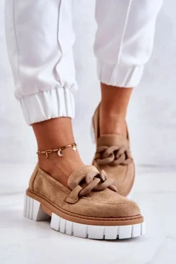 Boto Mokasyny Damskie Zamszowe*Zamszowe Półbuty Loafery Z Ozdobą Ciemnobeżowe Talisa