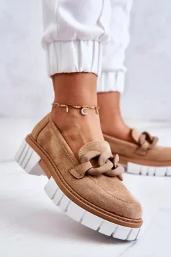 Boto Mokasyny Damskie Zamszowe*Zamszowe Półbuty Loafery Z Ozdobą Ciemnobeżowe Talisa