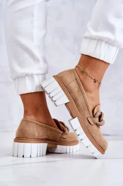 Boto Mokasyny Damskie Zamszowe*Zamszowe Półbuty Loafery Z Ozdobą Ciemnobeżowe Talisa