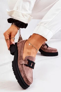 Boto Mokasyny Damskie Zamszowe*Zamszowe Półbuty Loafery Z Ozdobą La.Fi 210031TA-SU Cappucino