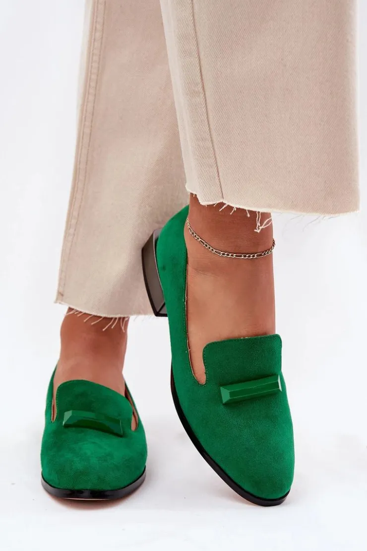 Damskie buty S.Barski Półbuty Skórzane|Mokasyny Damskie Zamszowe*Zamszowe Półbuty Mokasyny Damskie Z Ozdobą D&A LZ51-505 Zielone