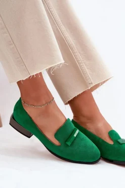 Damskie buty S.Barski Półbuty Skórzane|Mokasyny Damskie Zamszowe*Zamszowe Półbuty Mokasyny Damskie Z Ozdobą D&A LZ51-505 Zielone