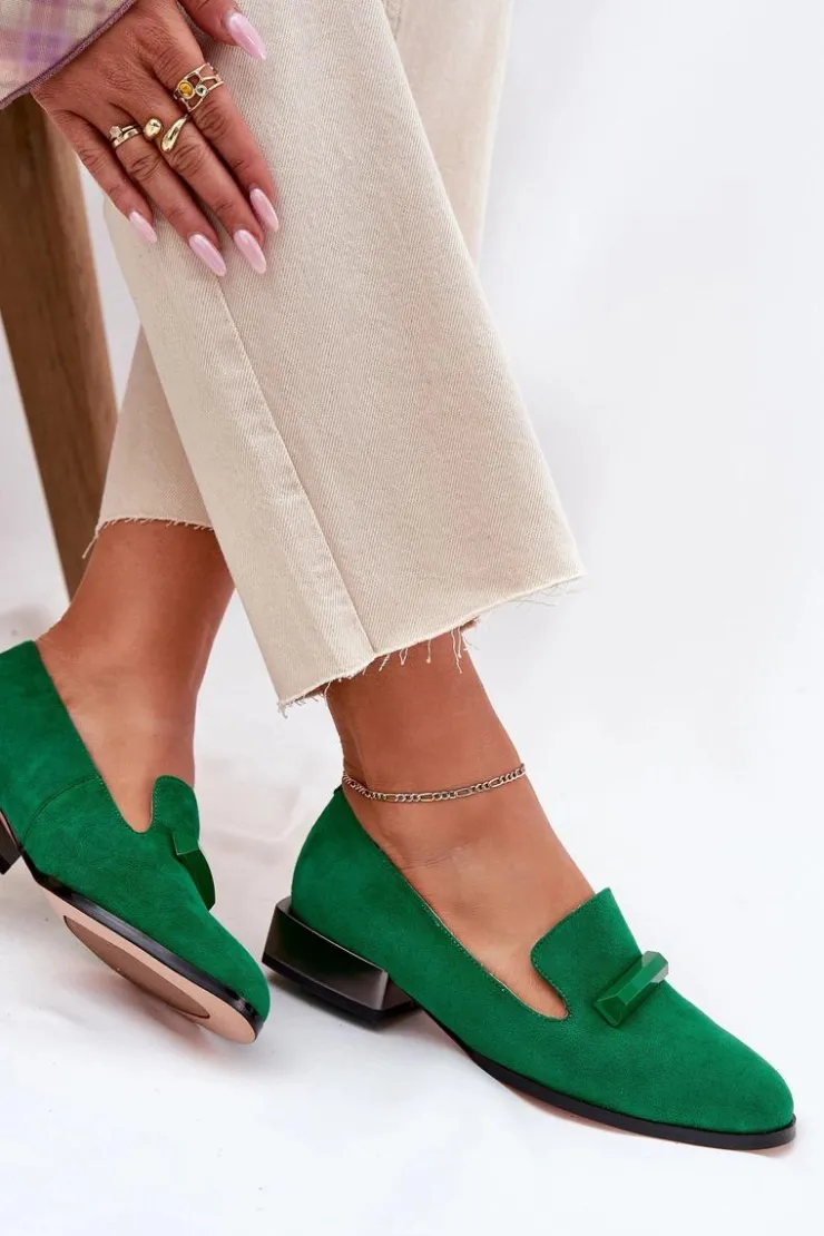Damskie buty S.Barski Półbuty Skórzane|Mokasyny Damskie Zamszowe*Zamszowe Półbuty Mokasyny Damskie Z Ozdobą D&A LZ51-505 Zielone