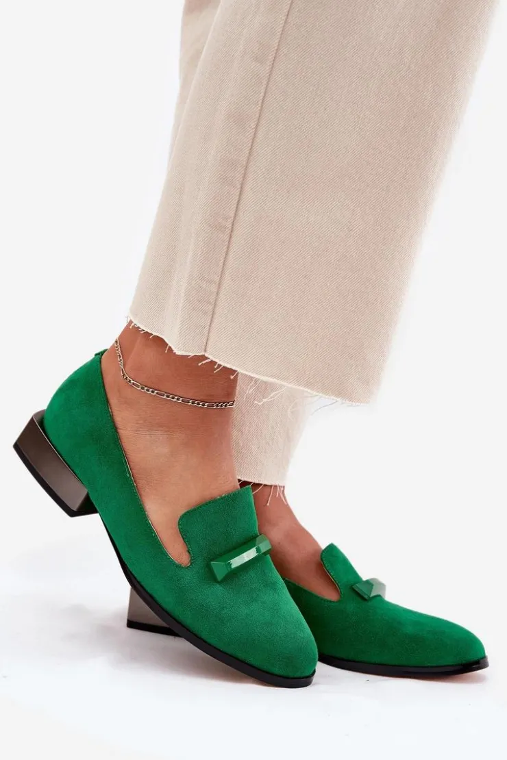 Damskie buty S.Barski Półbuty Skórzane|Mokasyny Damskie Zamszowe*Zamszowe Półbuty Mokasyny Damskie Z Ozdobą D&A LZ51-505 Zielone