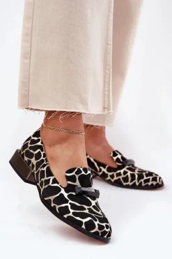 Hot Damskie buty S.Barski Zamszowe Półbuty Mokasyny Damskie Z Ozdobą D&A LZ51-505 Czarno-Złote