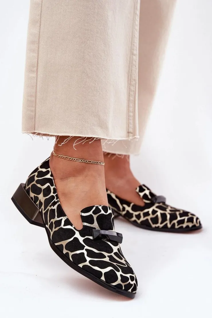 Hot Damskie buty S.Barski Zamszowe Półbuty Mokasyny Damskie Z Ozdobą D&A LZ51-505 Czarno-Złote