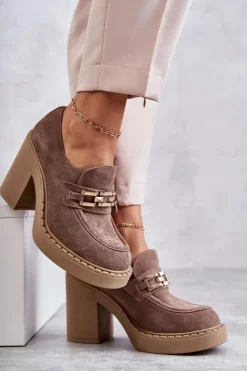 Damskie Boto Zamszowe Półbuty Na Masywnym Słupku Beżowe Lemar Jaime