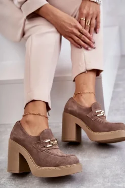 Damskie Boto Zamszowe Półbuty Na Masywnym Słupku Beżowe Lemar Jaime