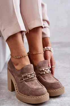 Damskie Boto Zamszowe Półbuty Na Masywnym Słupku Beżowe Lemar Jaime