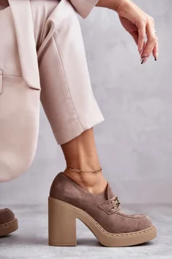 Damskie Boto Zamszowe Półbuty Na Masywnym Słupku Beżowe Lemar Jaime