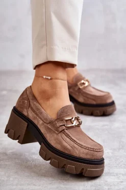 Boto Półbuty Skórzane|Mokasyny Damskie Zamszowe*Zamszowe Półbuty Na Obcasie Ze Złotą Ozdobą Brązowe Lemar Lurdes