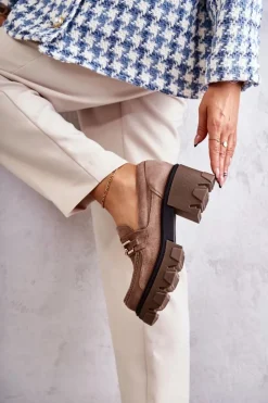 Boto Półbuty Skórzane|Mokasyny Damskie Zamszowe*Zamszowe Półbuty Na Obcasie Ze Złotą Ozdobą Brązowe Lemar Lurdes