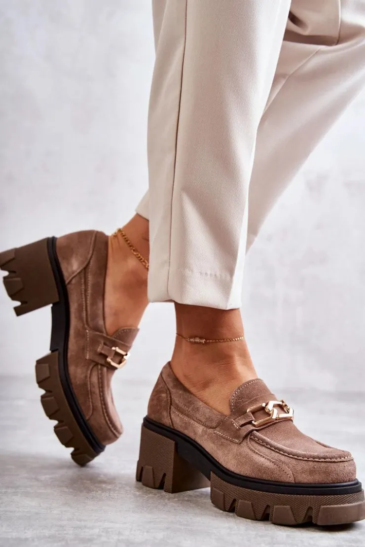 Boto Półbuty Skórzane|Mokasyny Damskie Zamszowe*Zamszowe Półbuty Na Obcasie Ze Złotą Ozdobą Brązowe Lemar Lurdes