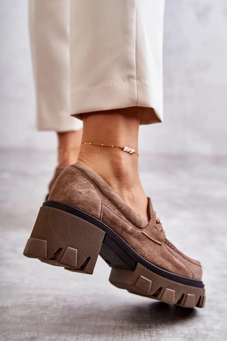 Boto Półbuty Skórzane|Mokasyny Damskie Zamszowe*Zamszowe Półbuty Na Obcasie Ze Złotą Ozdobą Brązowe Lemar Lurdes