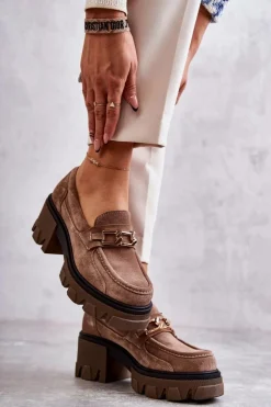 Boto Półbuty Skórzane|Mokasyny Damskie Zamszowe*Zamszowe Półbuty Na Obcasie Ze Złotą Ozdobą Brązowe Lemar Lurdes