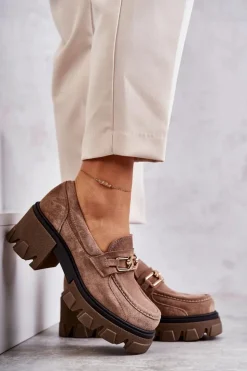 Boto Półbuty Skórzane|Mokasyny Damskie Zamszowe*Zamszowe Półbuty Na Obcasie Ze Złotą Ozdobą Brązowe Lemar Lurdes